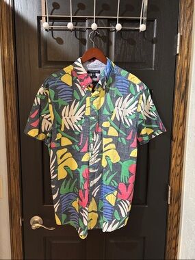 Tommy Hilfiger Navy Multicolor Tropical Print Short-Sleeve Button-Down Shirt